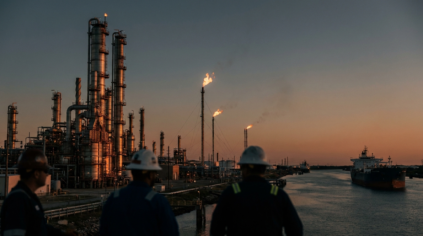Complejo de refinerías en la costa texana del Golfo de México al atardecer