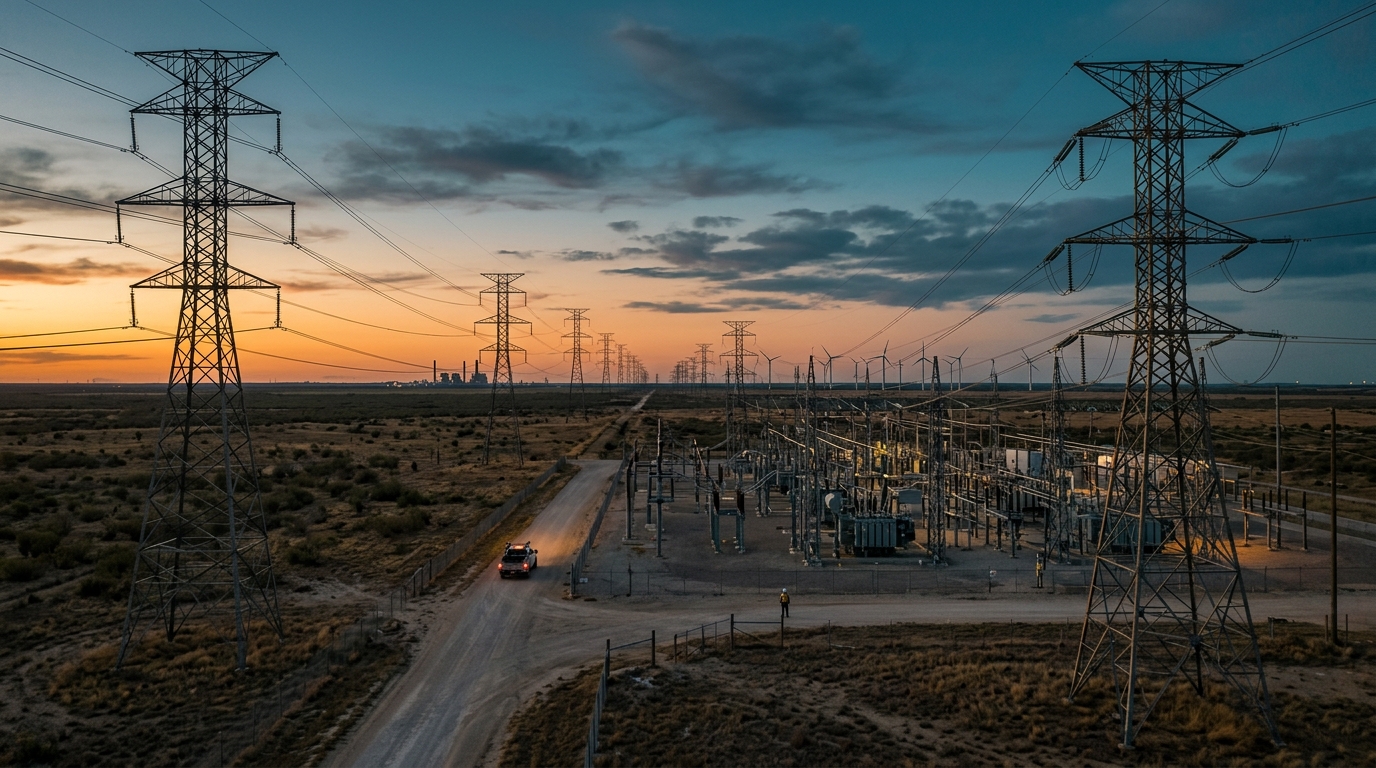 Electric transmission towers amid ERCOT data center interconnection queue