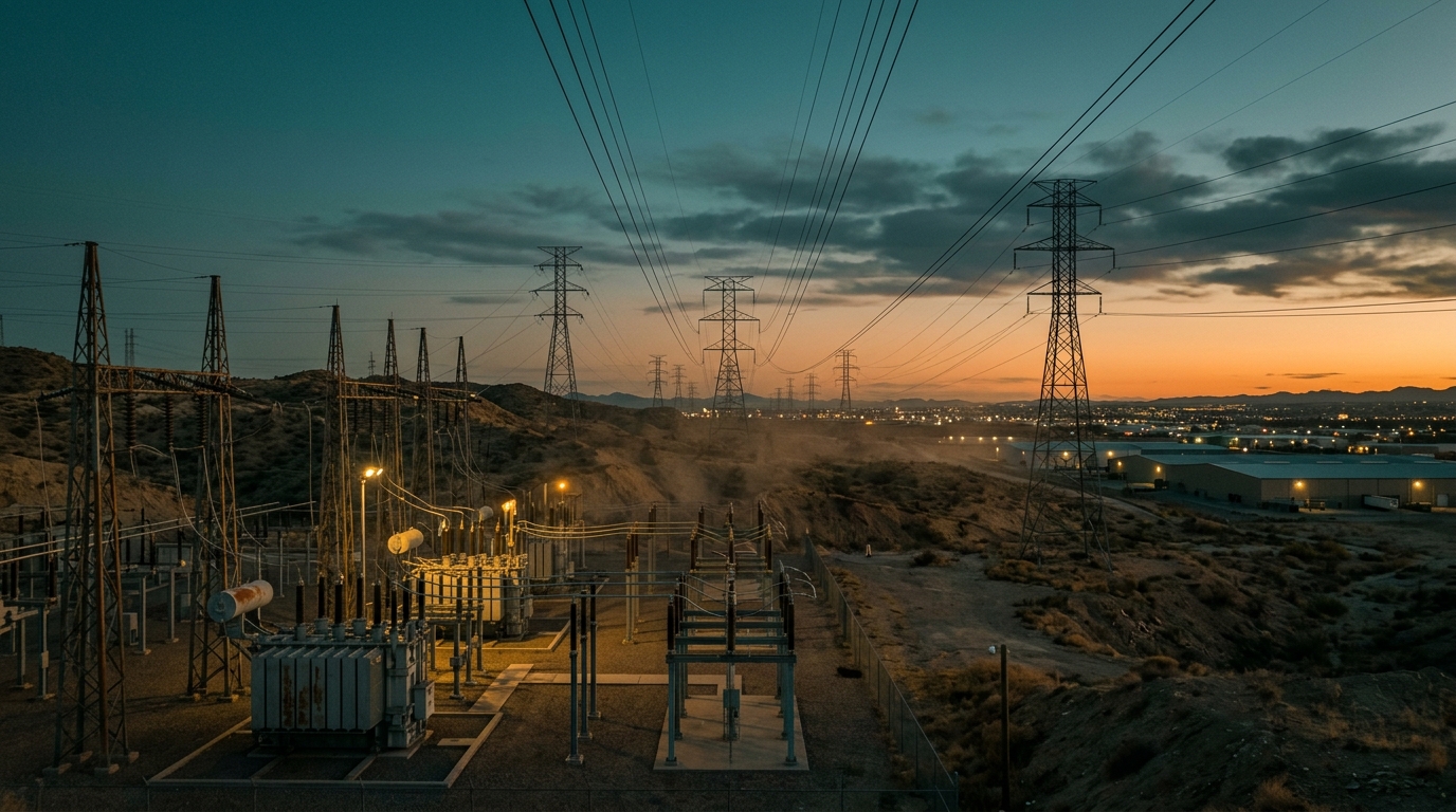 Subestación y torres de transmisión en Tijuana, ciudad con demanda eléctrica creciente al atardecer