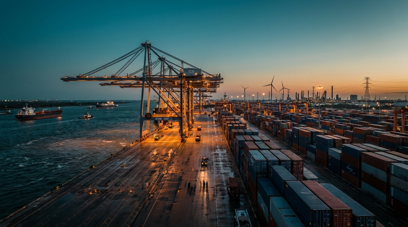 Puerto de carga internacional en el Golfo de México con grúas, ruta comercial TIPAT