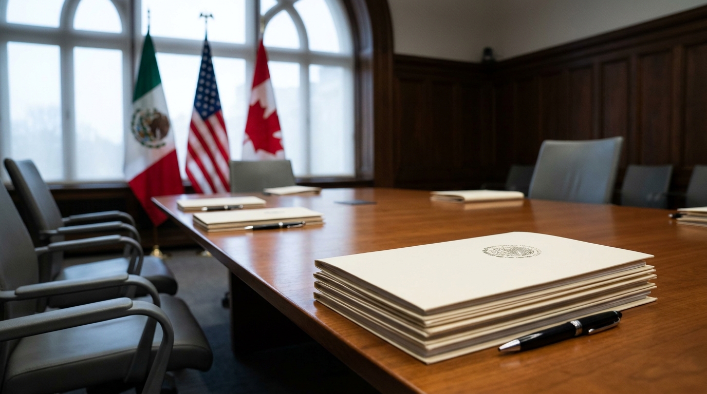 Banderas de México Estados Unidos y Canadá en mesa de negociación del T-MEC