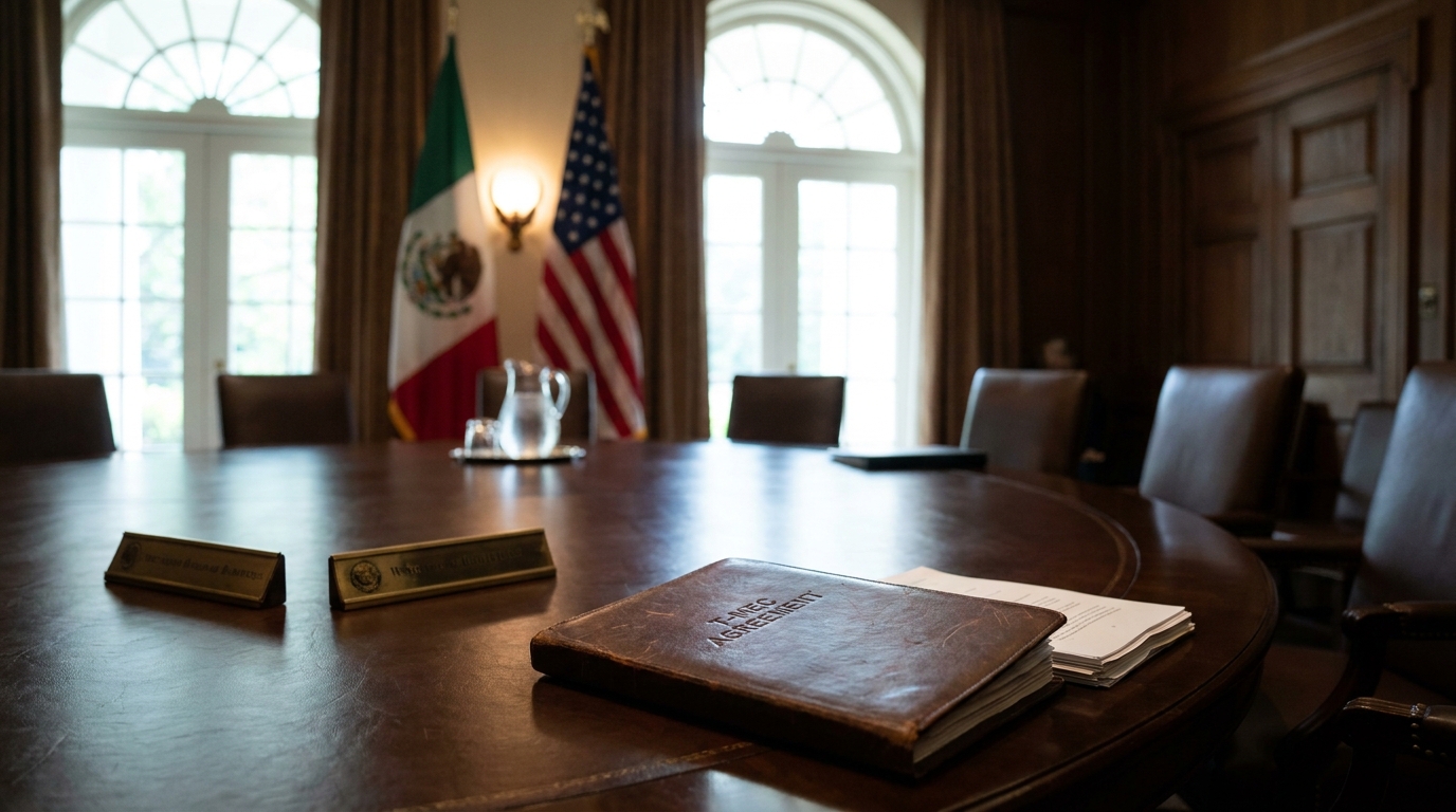Documento oficial del T-MEC sobre mesa de negociación con banderas de México y Estados Unidos al fondo