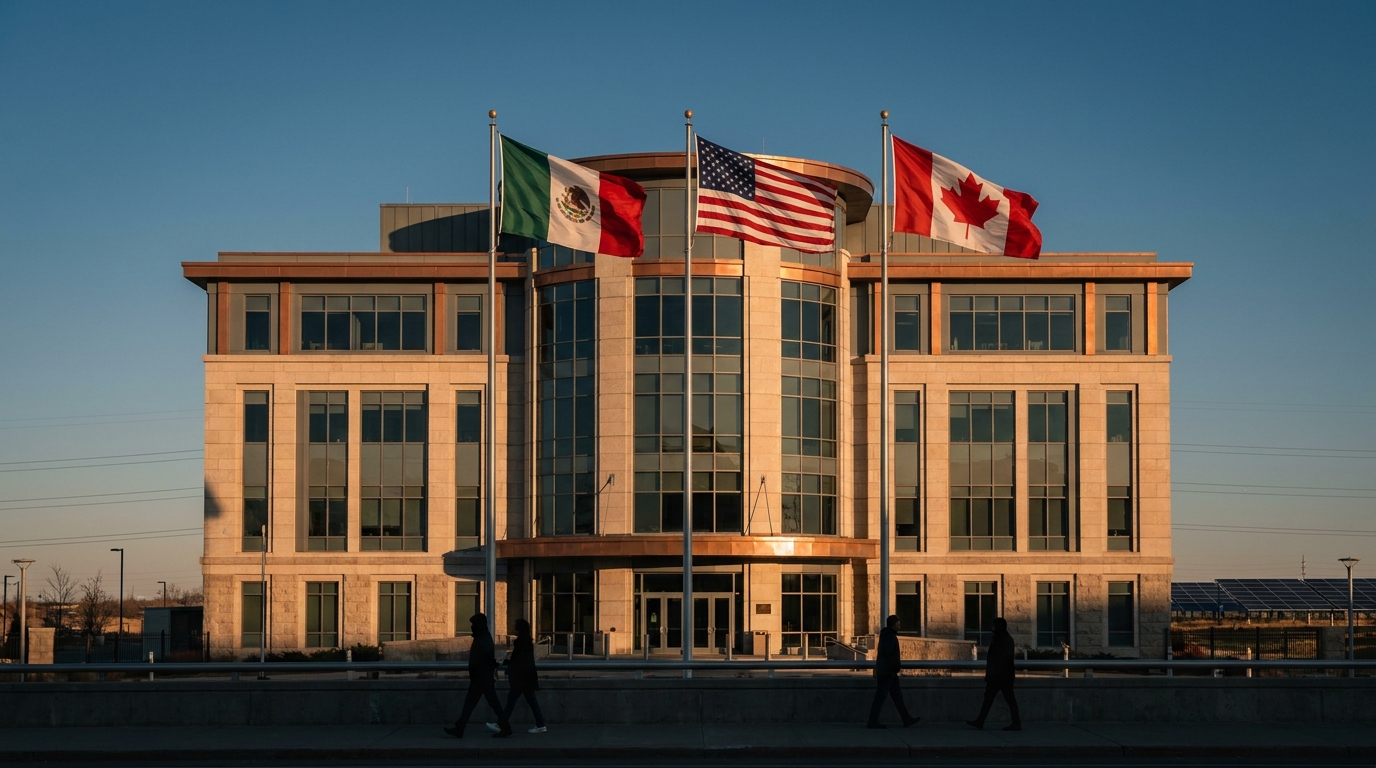 Revisión del T-MEC: banderas de México Estados Unidos y Canadá en sede diplomática al atardecer