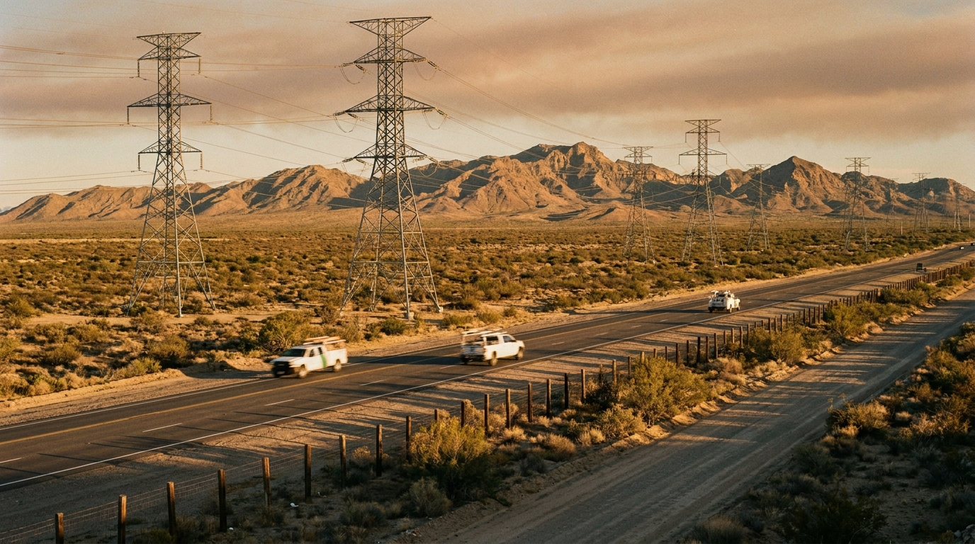 Torres de transmisión eléctrica en la frontera México-Estados Unidos al atardecer