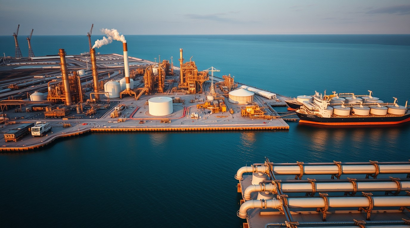 Coastal refinery with distillation towers and tanks during an industrial sunset