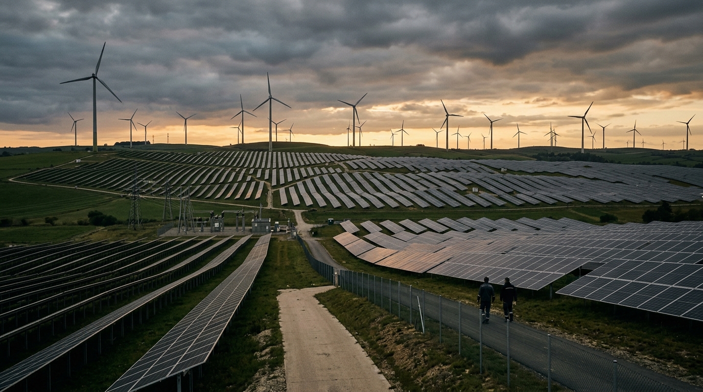 Parque solar europeo con paneles al atardecer, activos renovables de TotalEnergies