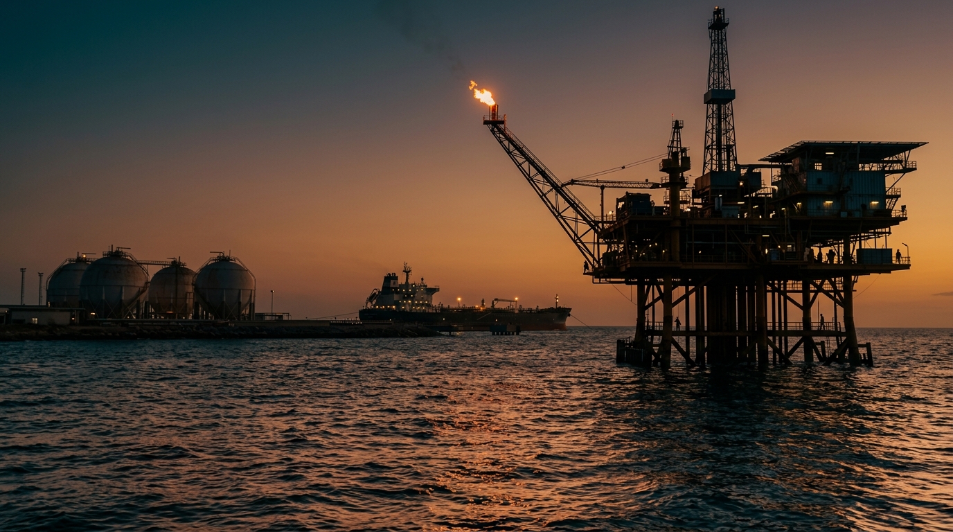 Venezuela acuerdo petrolero, plataforma de extracción y buque tanque al atardecer