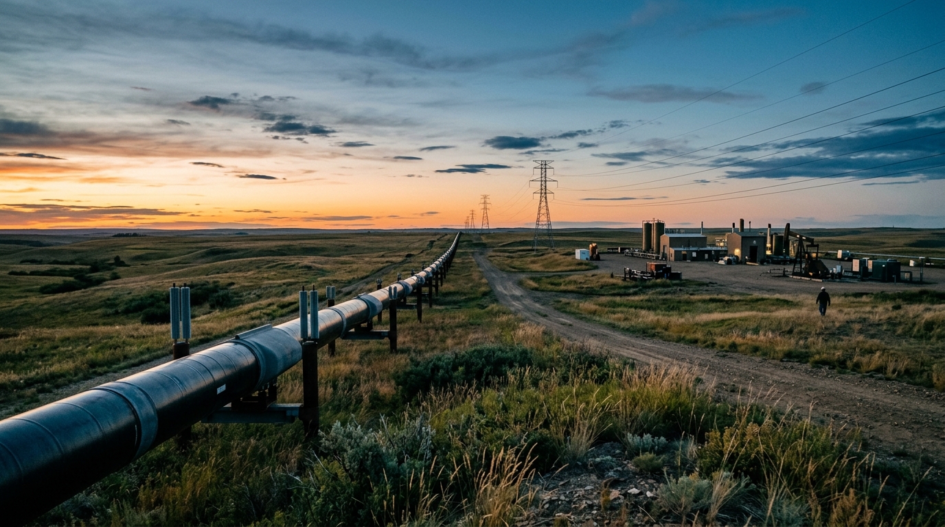 Crude oil pipeline on arid plains amid Canada tariff tensions, with refineries in the background