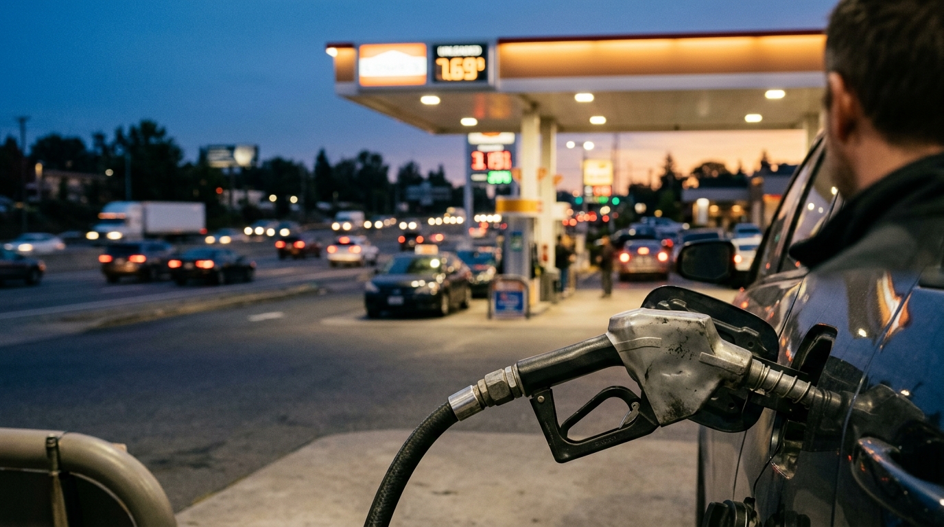 Gas station price sign in the United States at dusk