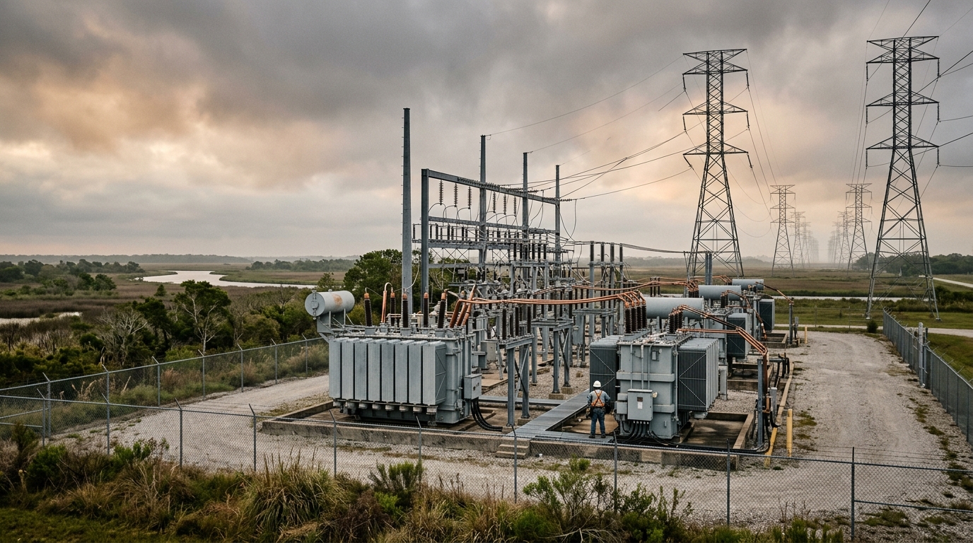 Foreign electrical equipment at a high-voltage substation with transformers at dusk