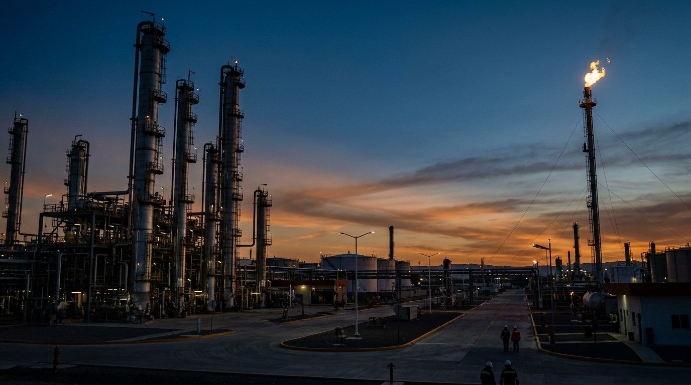 Refining towers and flare stack at the Tula, Hidalgo industrial complex at dusk