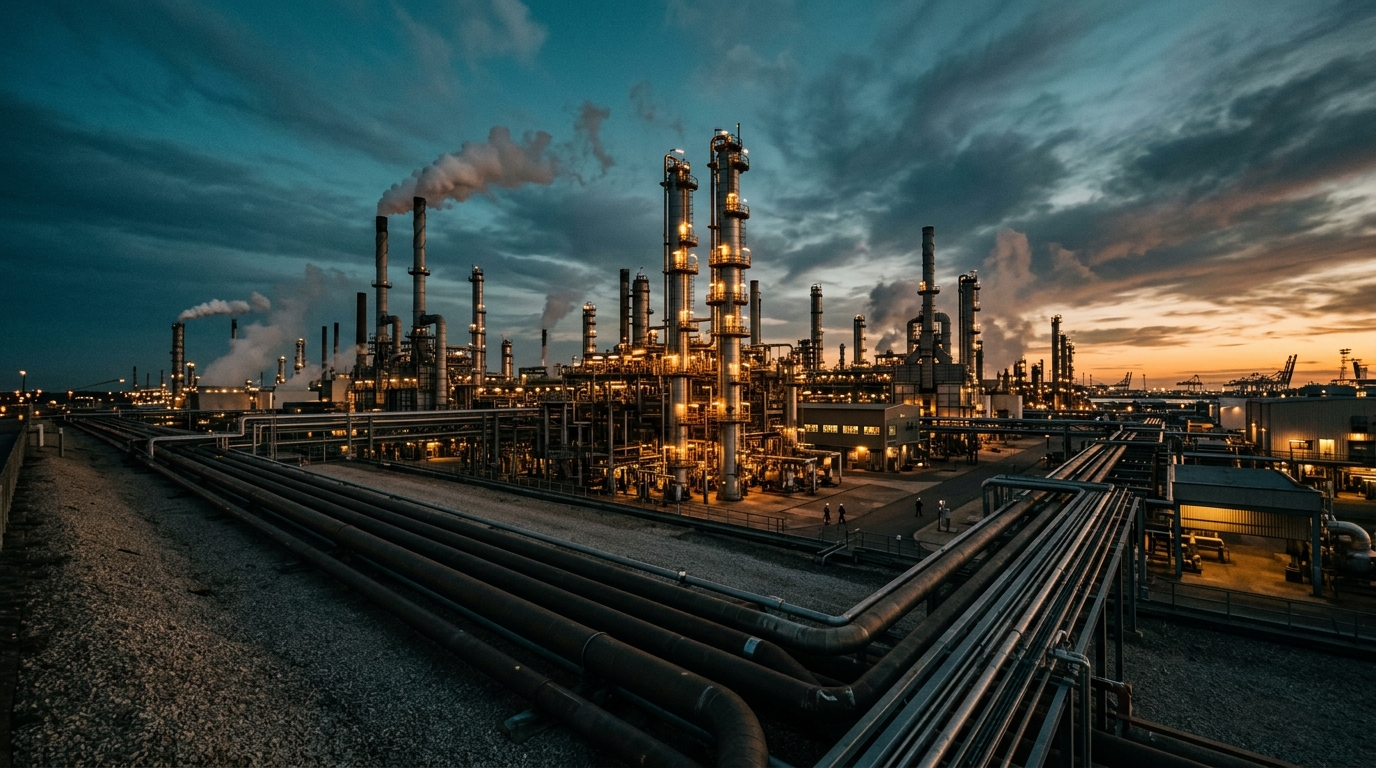 Torres de destilación de refinerías rusas bajo vapor y luz industrial fría