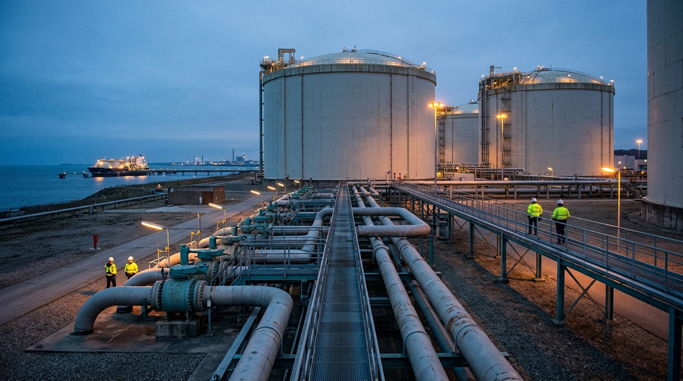 EU gas storage tanks under winter light