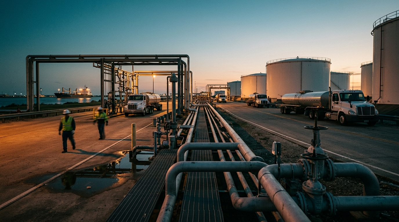 Tankers loading export diesel at a Gulf port terminal at dawn