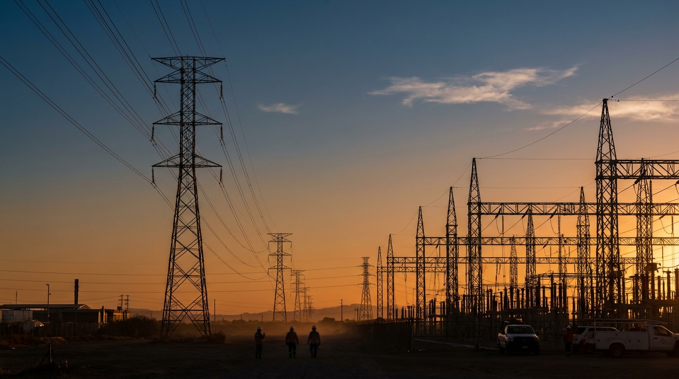 Líneas de transmisión eléctrica con torres de alta tensión al atardecer, paisaje industrial mexicano
