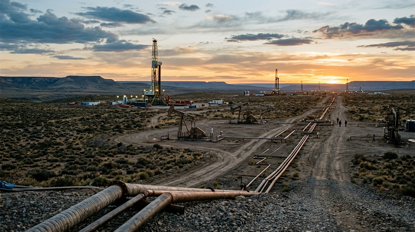 Torres de extracción y ductos de la producción de petróleo en Vaca Muerta