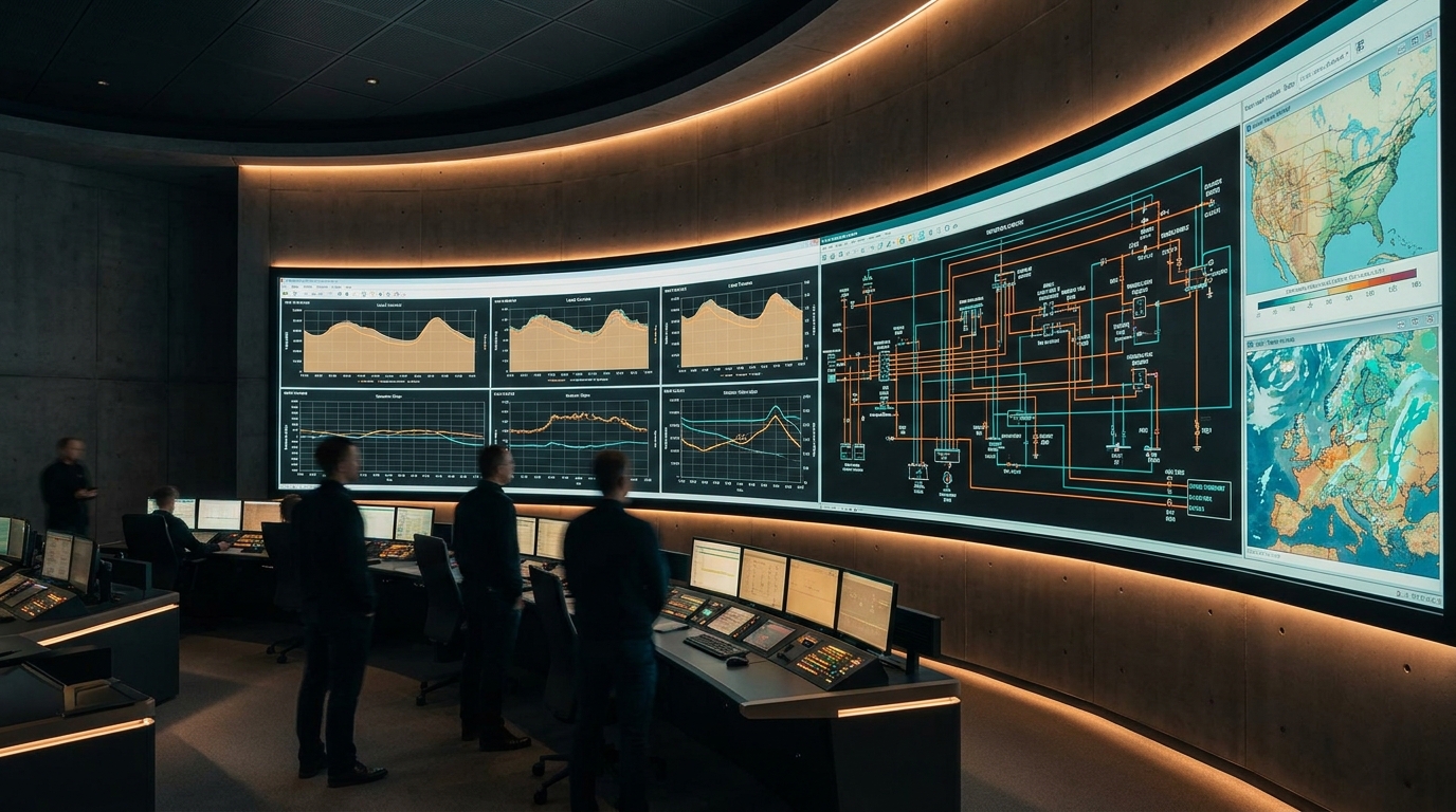 Sala de control de red eléctrica con paneles de monitoreo, iluminación ámbar y tonos industriales