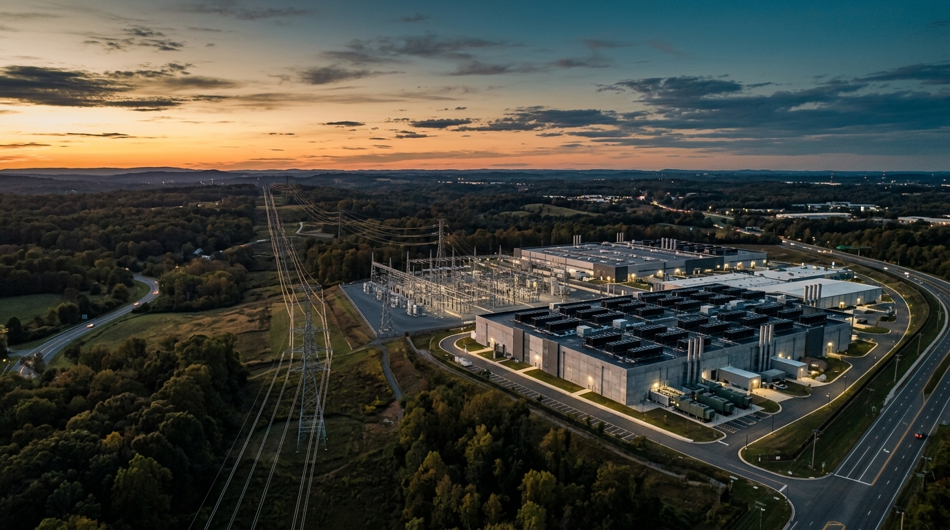 Subestación eléctrica y líneas de alta tensión en Virginia al atardecer
