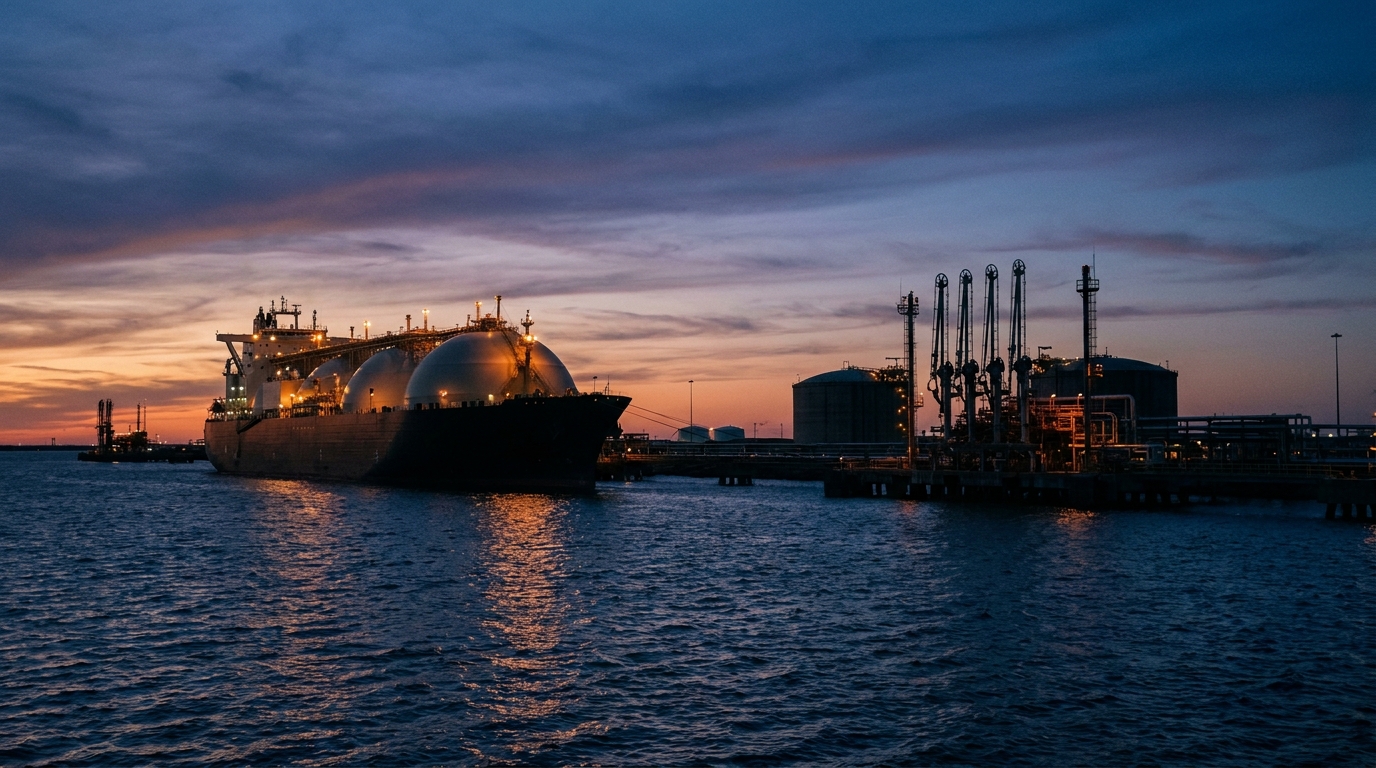 LNG tanker anchored off an export terminal in the Gulf of Mexico at sunset