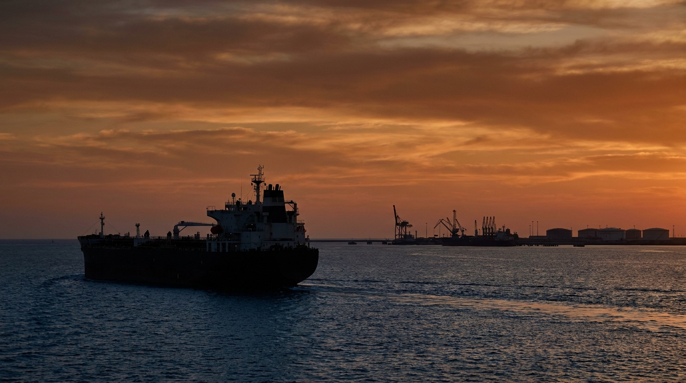 Buque tanque con crudo iraní en el estrecho de Ormuz al atardecer