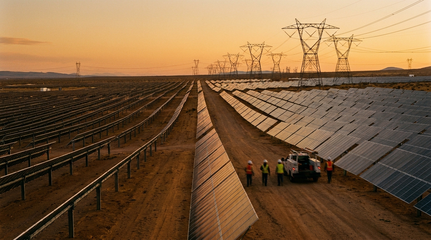 Parque solar con hileras de paneles fotovoltaicos y torres de transmisión en paisaje desértico industrial