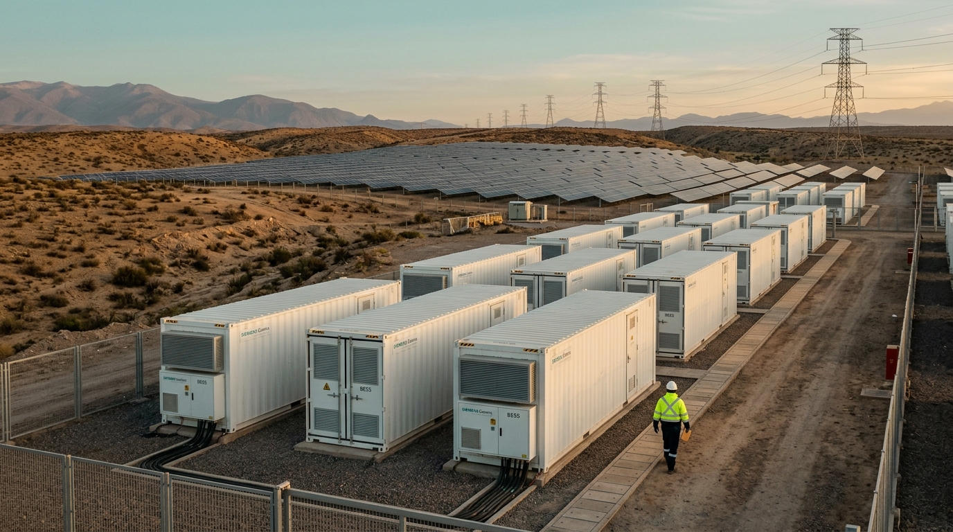 Battery storage units at a Latin American solar plant at sunset