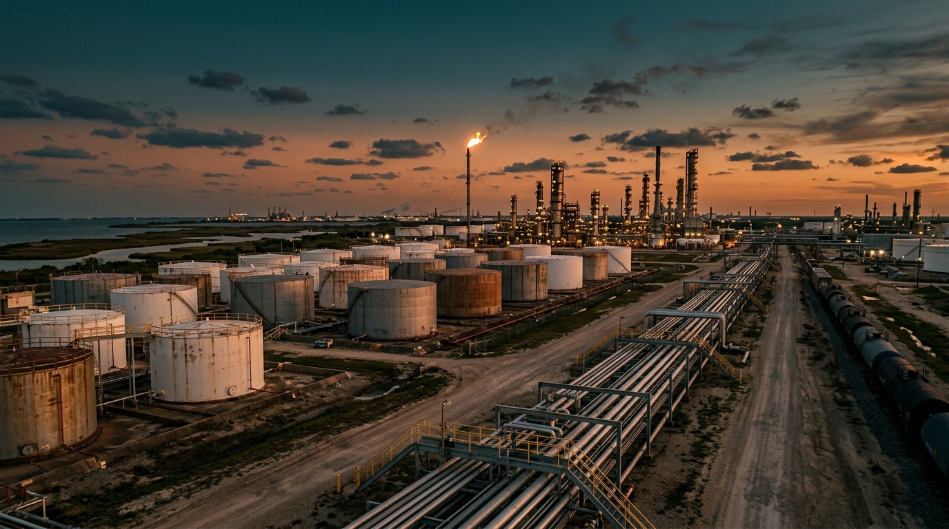 Torres de refinación y tanques de crudo ante el alza del precio del petróleo