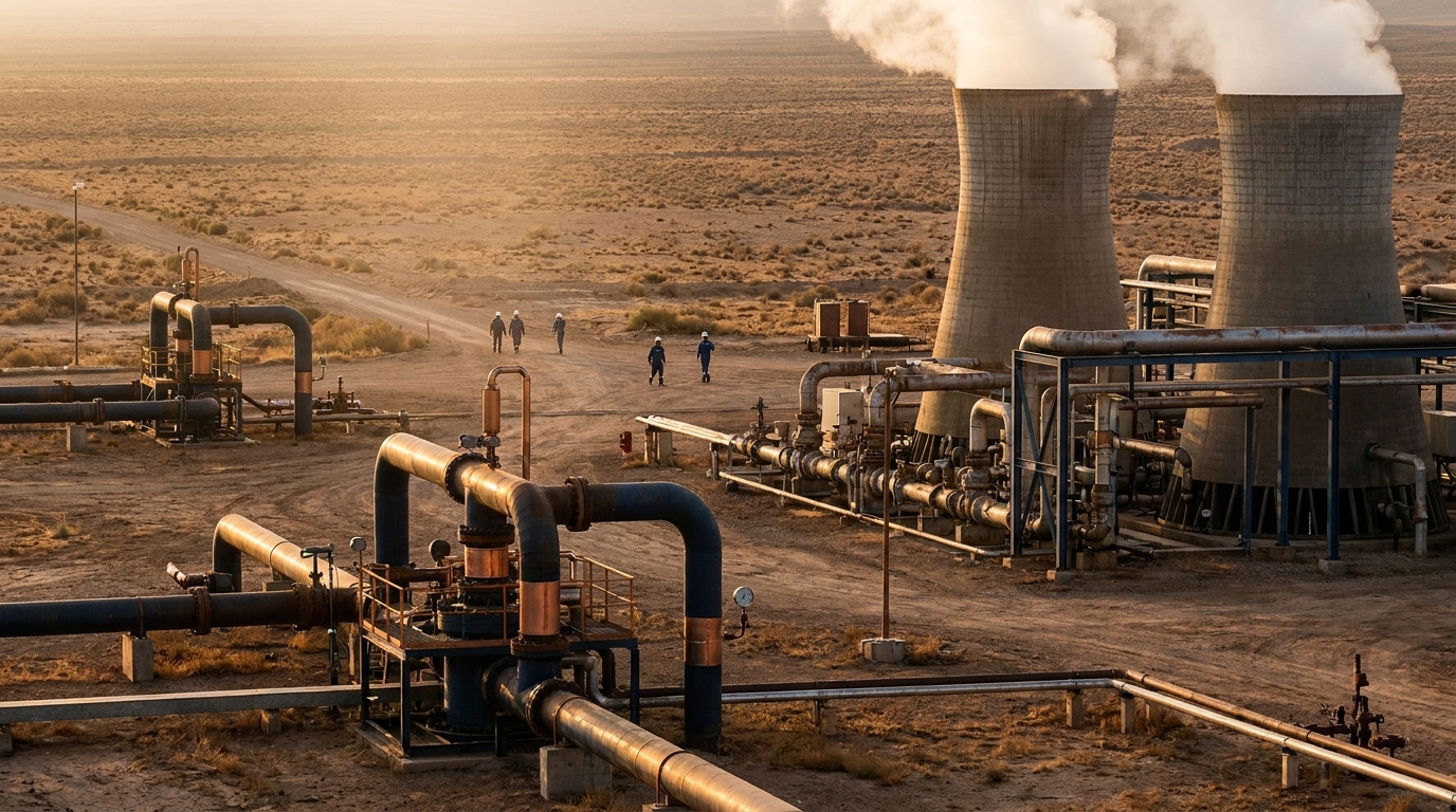Closed-loop geothermal plant with cooling towers and industrial piping at dusk