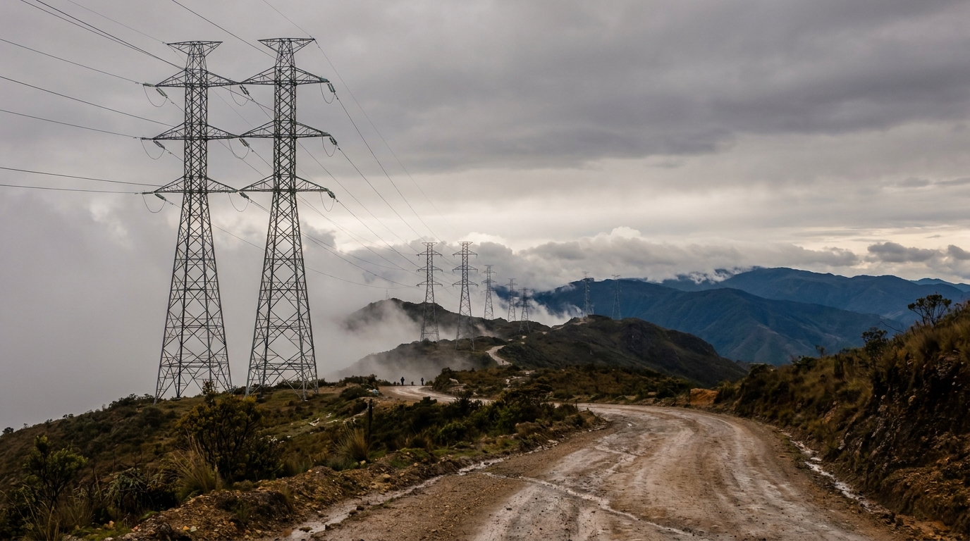 Torres de transmisión eléctrica en paisaje montañoso colombiano con cielo nublado y líneas de alta tensión