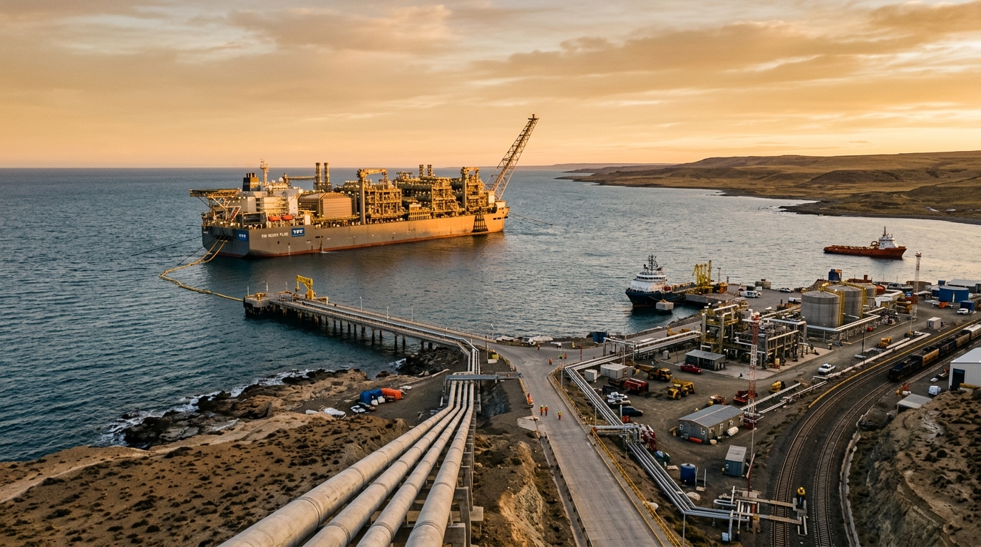 Argentina LNG floating liquefaction plant off the Río Negro coast with an LNG carrier