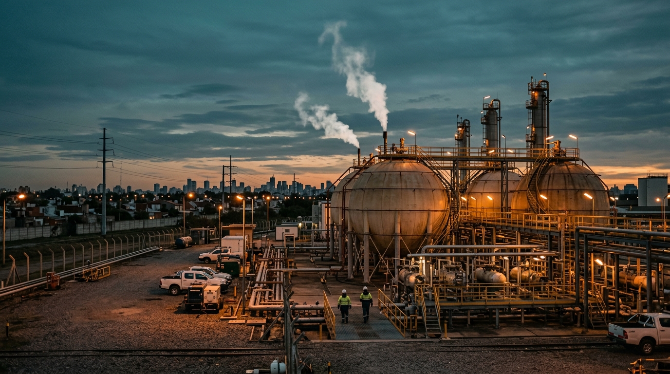 MetroGAS natural gas distribution facilities with tanks at sunset
