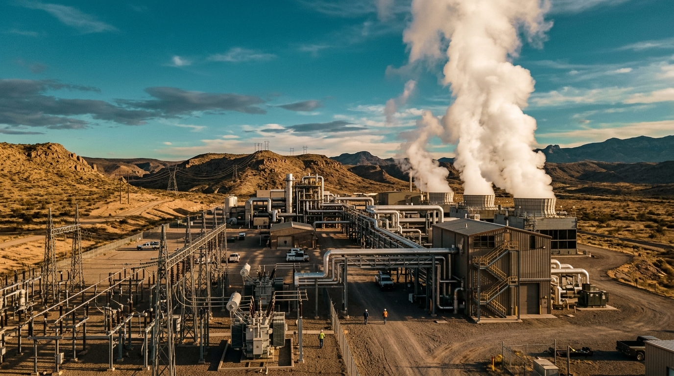 Lightning Dock geothermal plant with steam plumes in the New Mexico desert