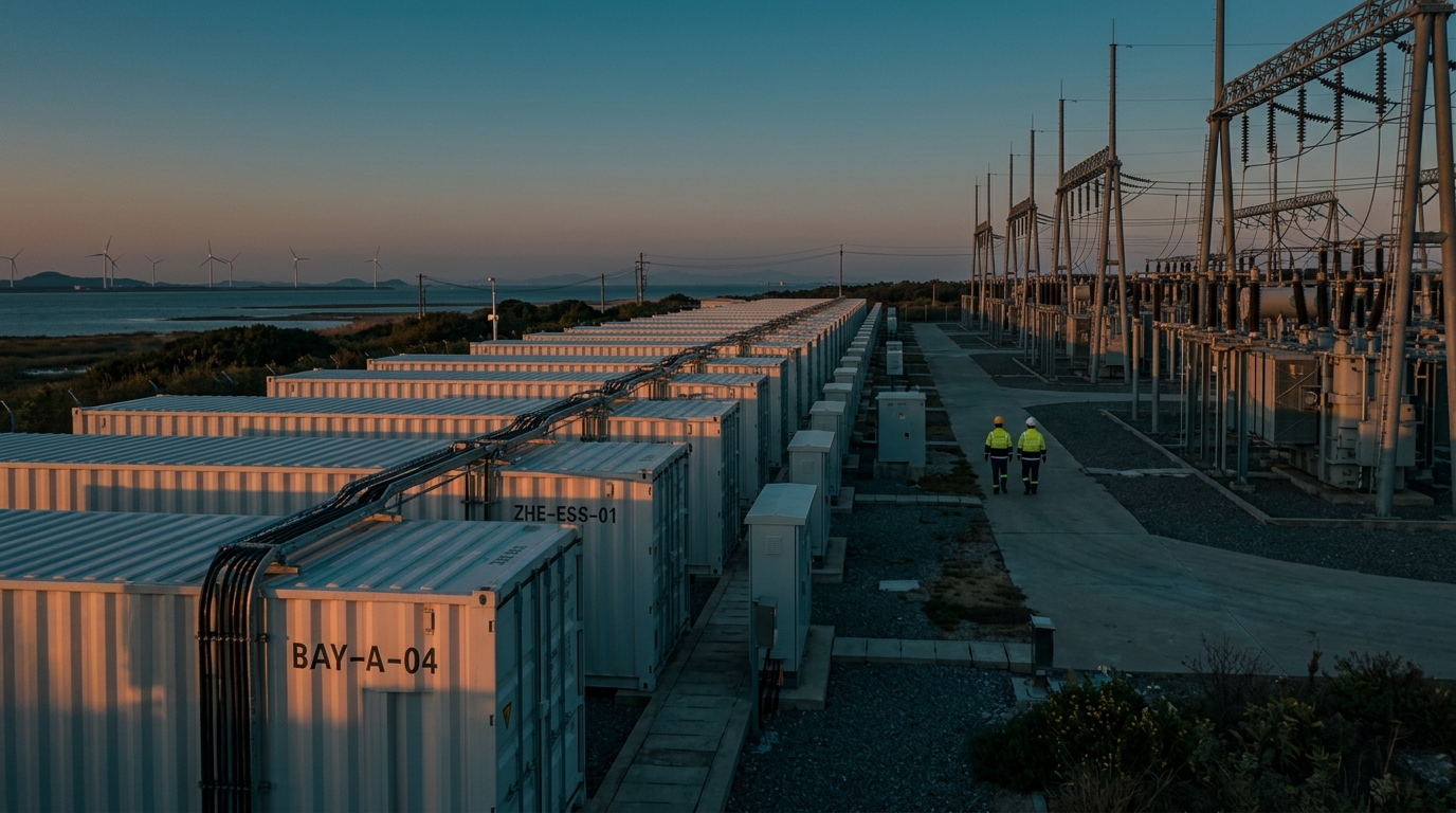 Baterías de almacenamiento en red junto a una subestación eléctrica al atardecer